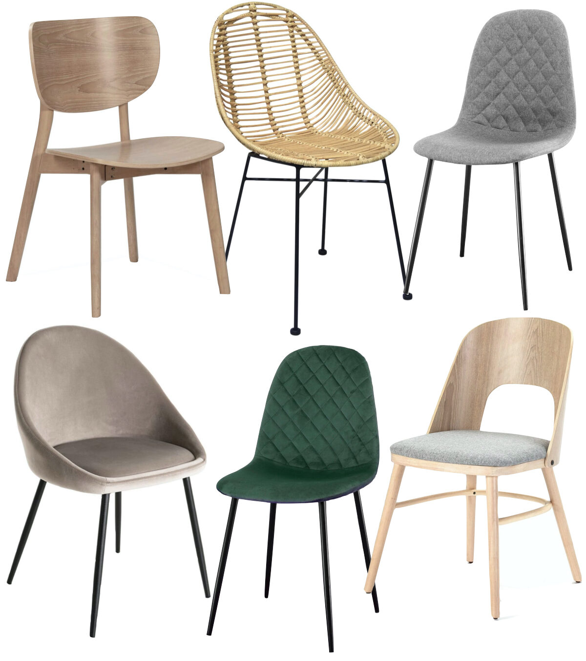Comment assortir les chaises dépareillées autour d'une table velours gris vert rotin bois scandinave