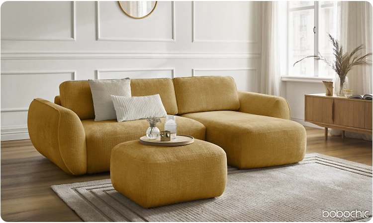 Canapé d'angle jaune avec pouf