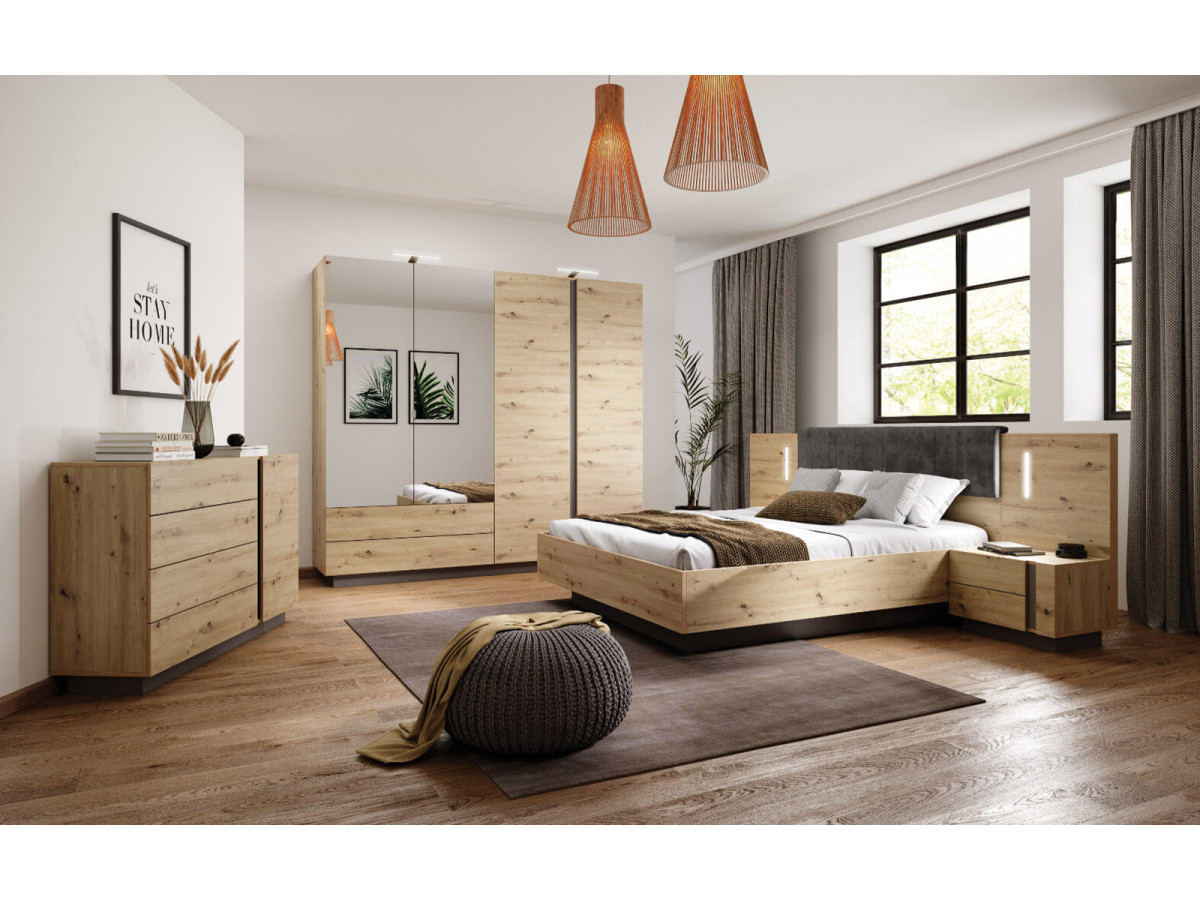 assortiment meuble chambre assorti lit commode armoire bois nature