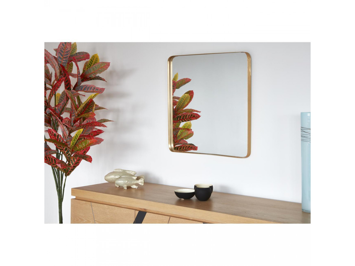 miroir carré Art déco fin métal doré plante artificielle rouge