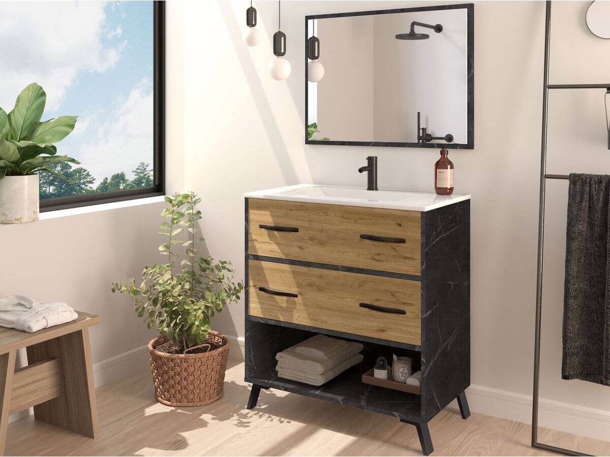 meuble salle de bain pied marbre noir bois chêne