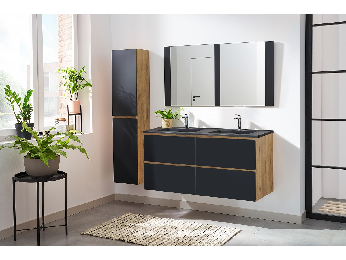salle de bain industrielle meuble double vasque noir bois