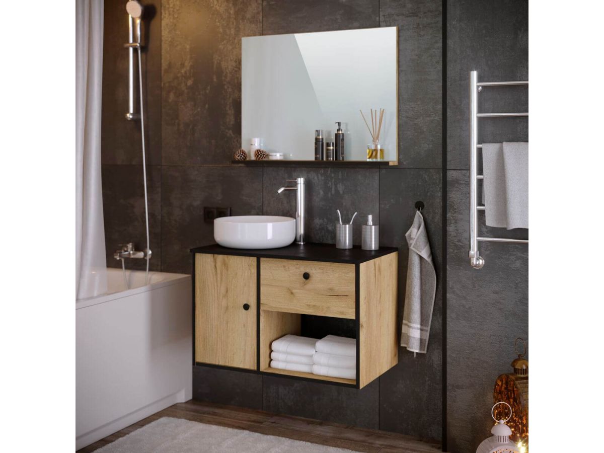 salle de bain industrielle carrelage béton meuble bois noir sèche-serviette métallique
