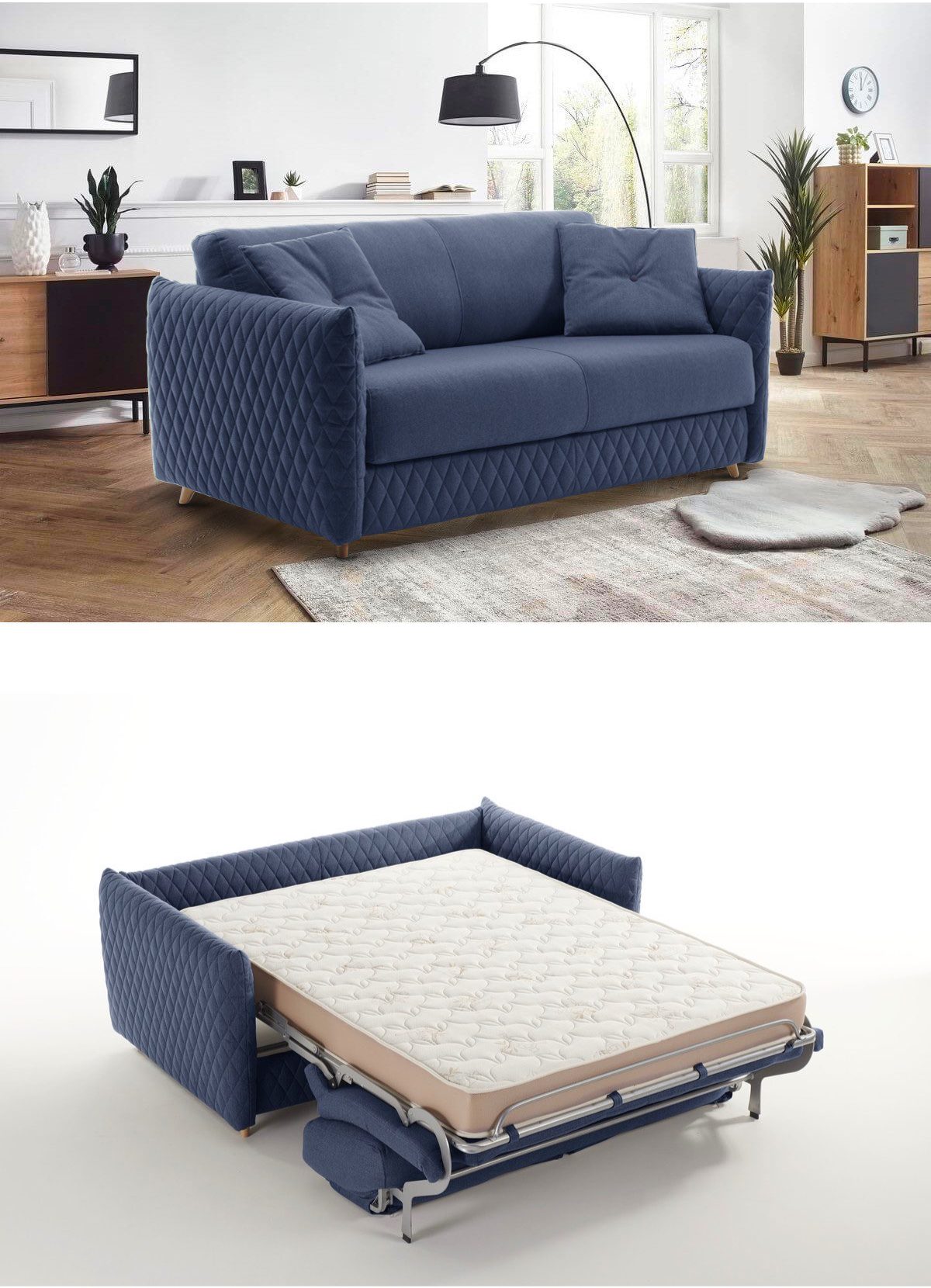 canapé-lit vrai matelas velours design studio parquet chevron meuble bois noir déco