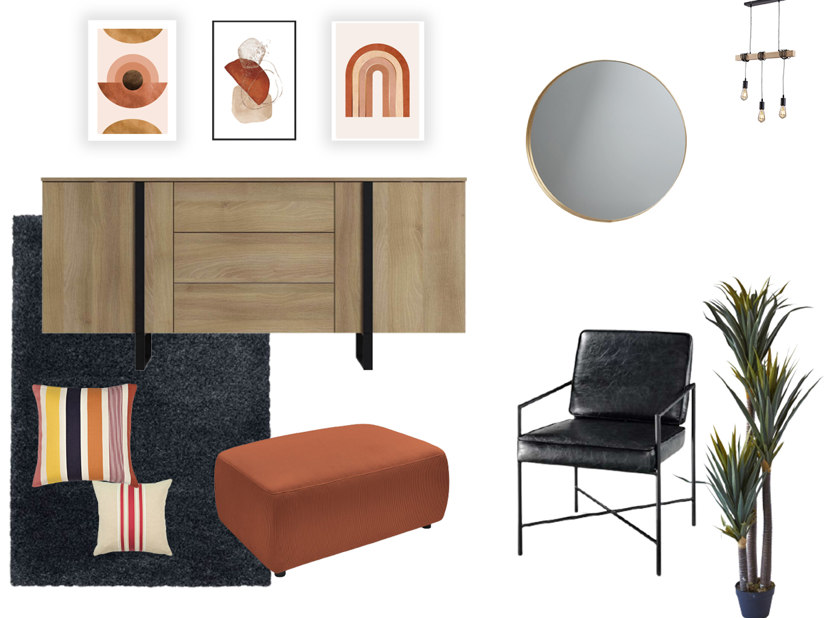 composition de meuble tendance avec pouf envy couleur terracota et déco moderne