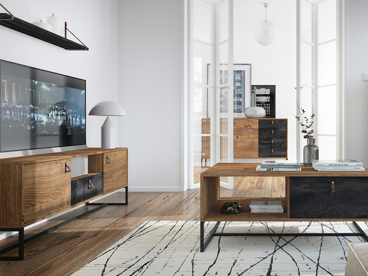 salon appartement parisien meuble tv style rétro bois
