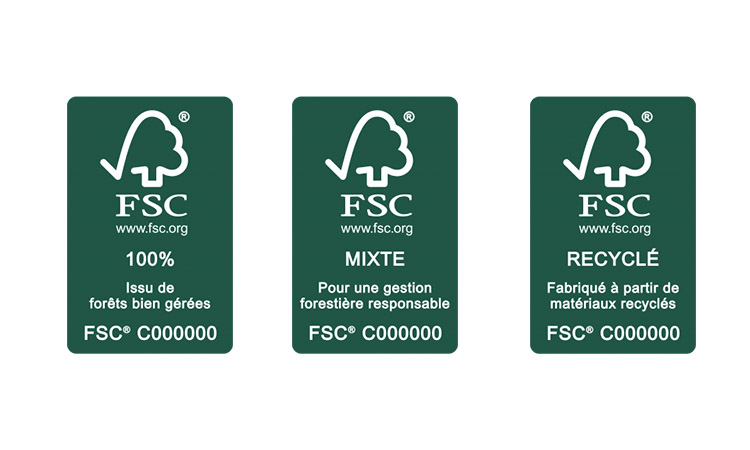 Les trois variantes du label FSC, vous informant sur les matériaux utilisés lors de la conception de nos produits.