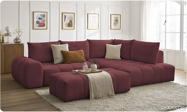 Canapé d'angle rouge avec pouf Bobochic Paris