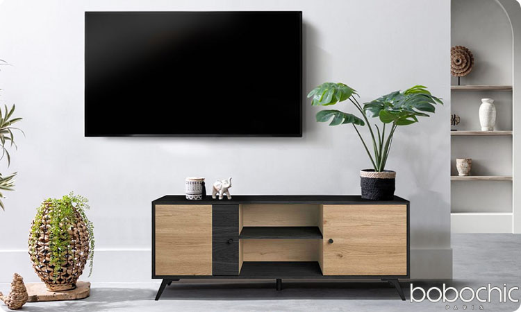 Meuble TV 136 cm ROMY imitation chêne et noir