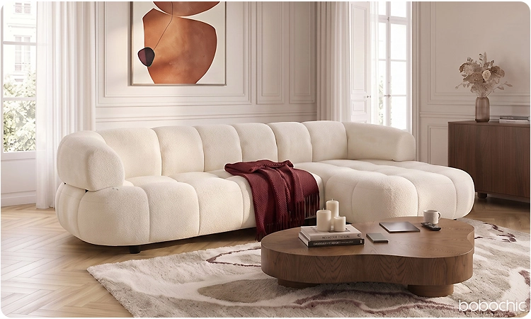 Canapé d'angle LOVELY en tissu lisse blanc