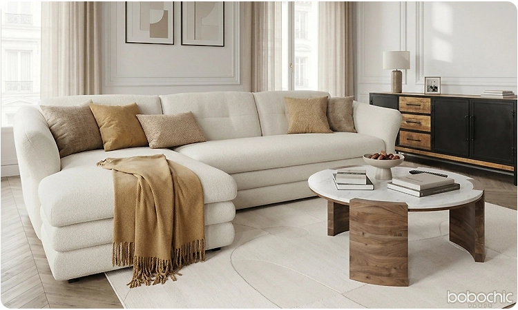 Canapé d'angle fixe MARBLE tissu chiné beige Bobochic Paris