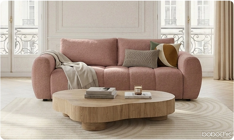 Canapé droit convertible express FUJI tissu lisse rose Bobochic Paris