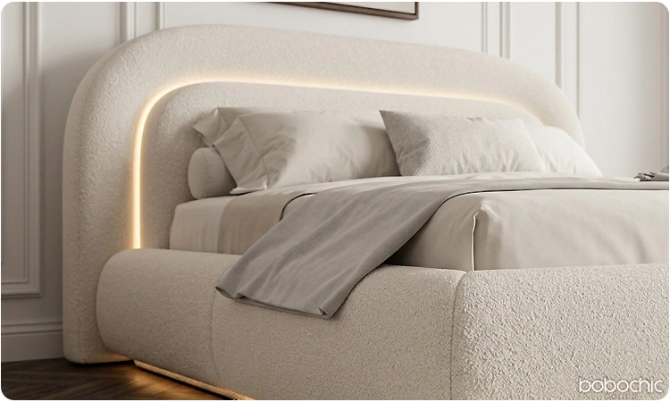 Tête de lit blanche en tissu bouclette
plus large que le sommier